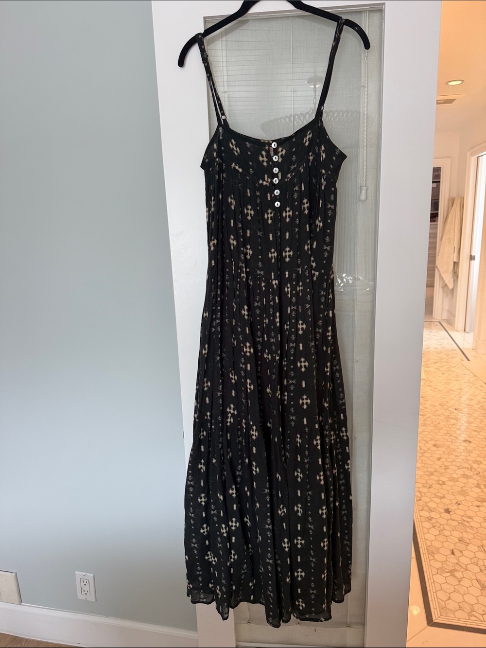 Black Printed Spaghetti-Strap Maxi Dress with Button Front